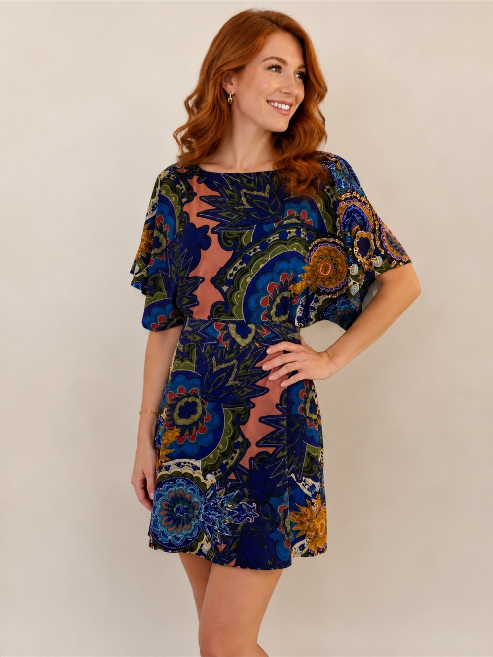 BCBG MAXAZRIA DRESS BOHO CHIC BLUE MULTI PRINT DOMAN SLEEVE SHIFT DRESS SZ M